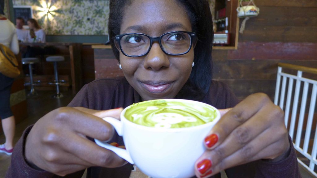 Ally with green tea latte. Photo: Megan Spencer (c) 2016
